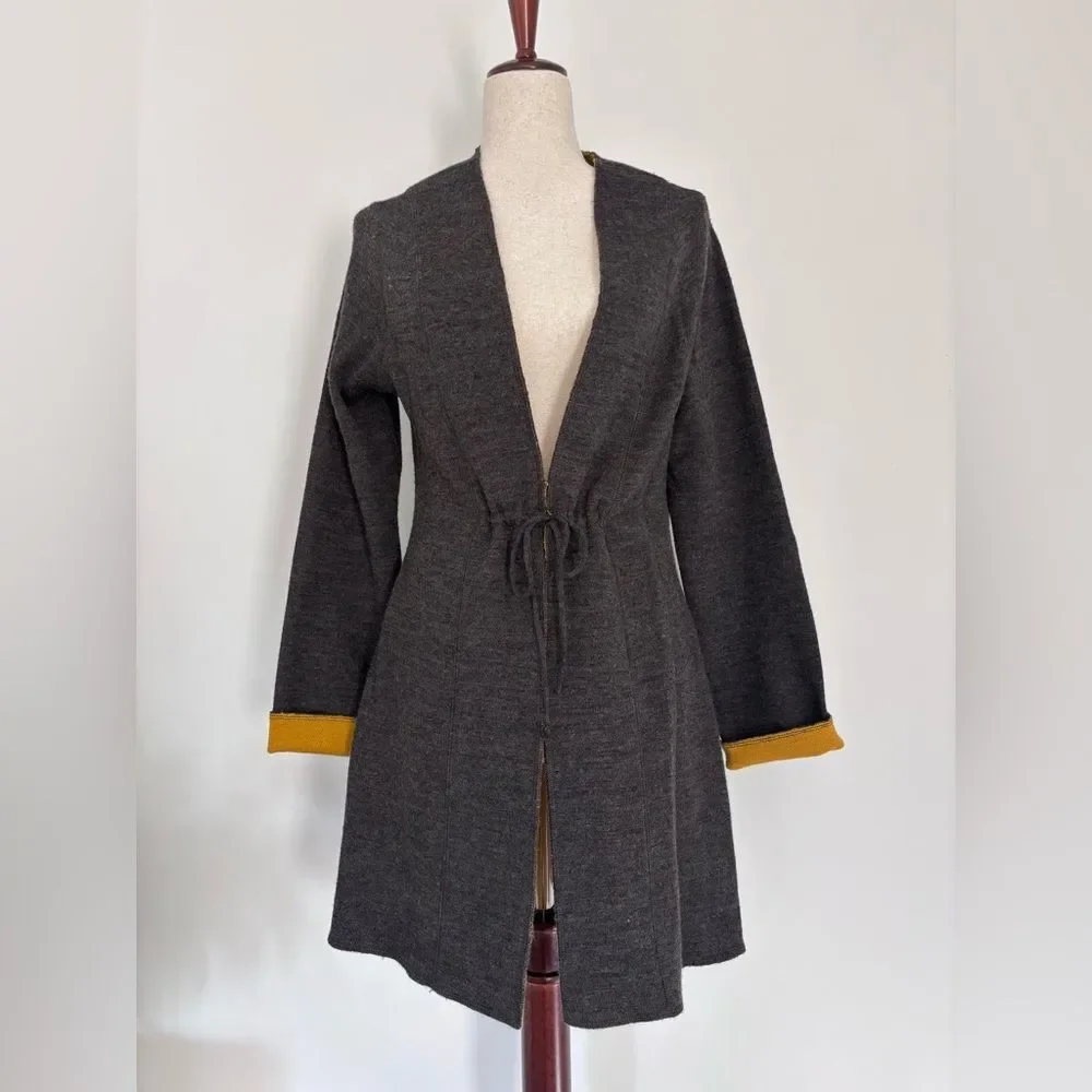REVUE Wool Blend Long Sweater Gray and Yellow Tie Front